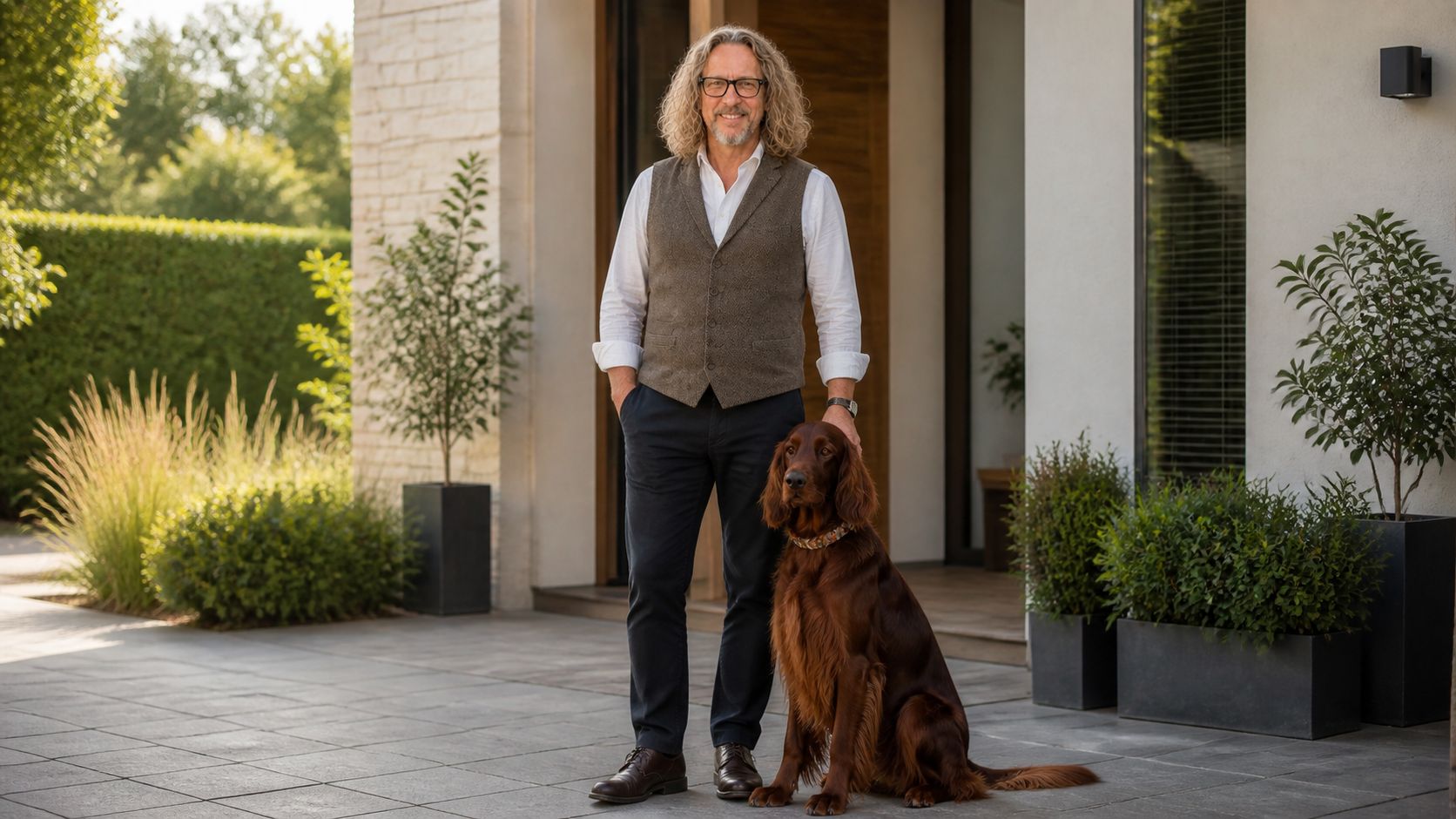 Alexander Düring mit einem Irish Setter vor einer Wohnimmobilie