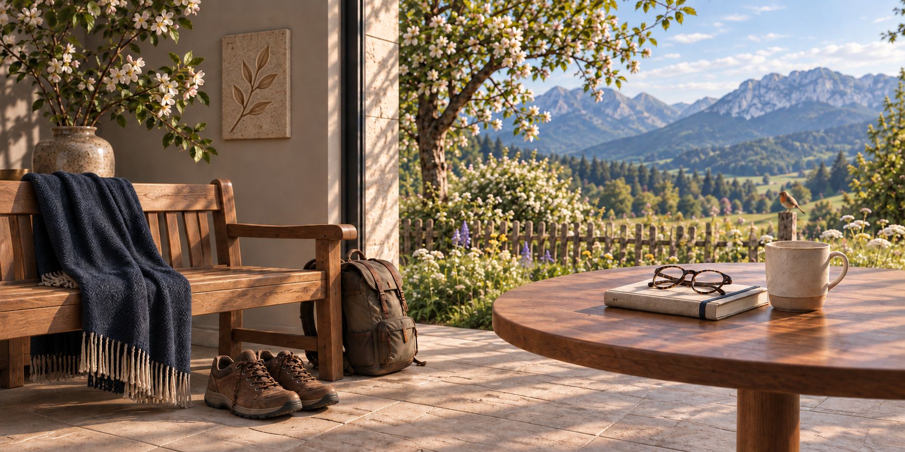 Wanderschuhe vor einer Holzbank und ein runder Tisch mit Notizbuch und Brille vor einem Bergpanorama