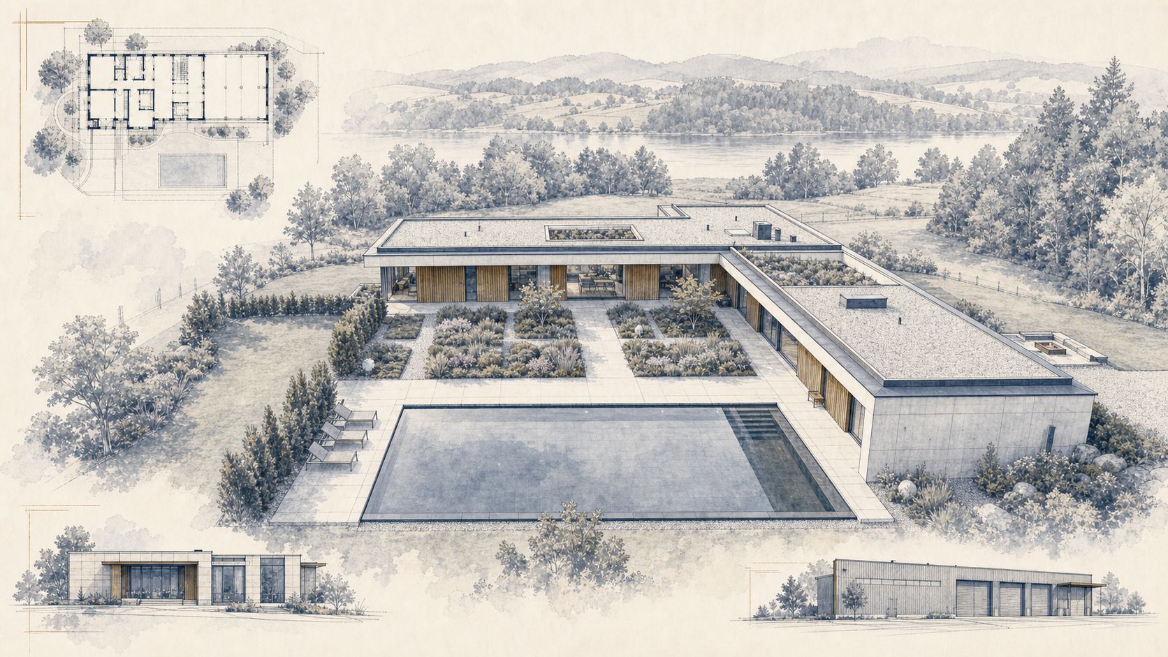 Architekturzeichnung einer hochwertigen Villa mit Poolanlage