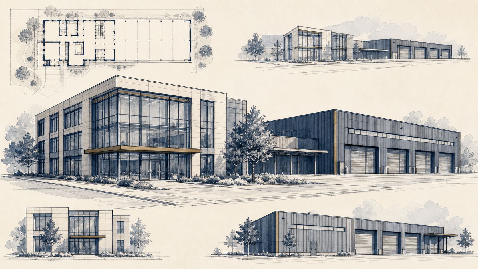 Architekturzeichnung eines modernen Gewerbecampus