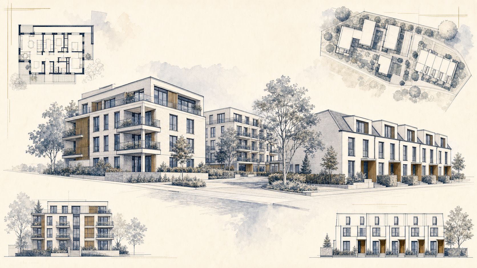 Architekturzeichnung eines modernen Wohn-Neubauprojekts