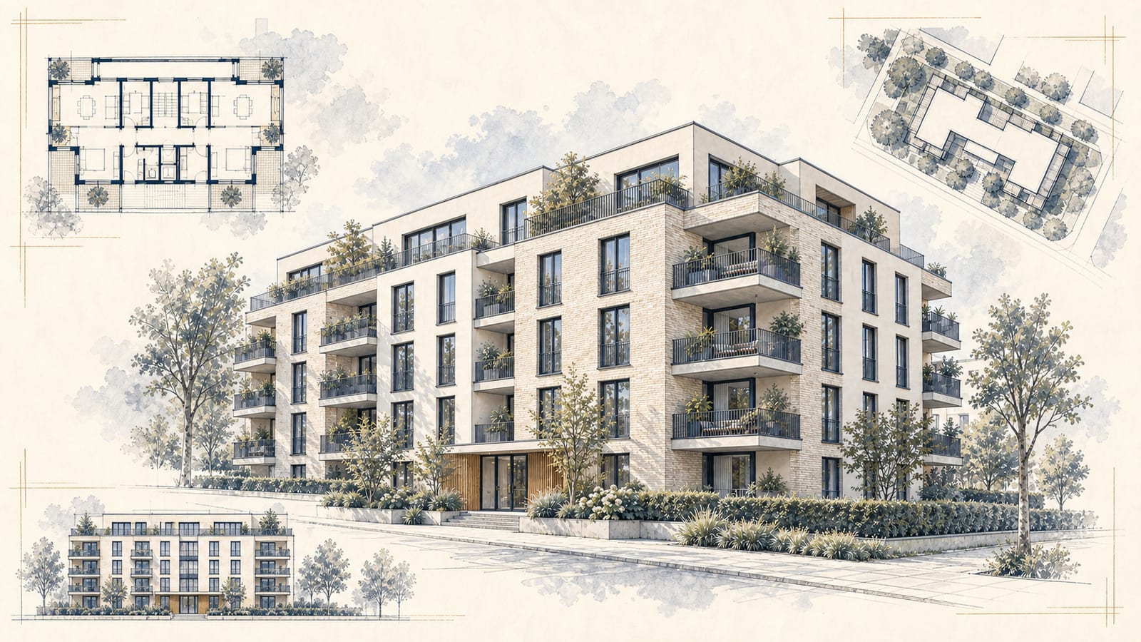 Architekturtafel eines hellen Mehrfamilienhaus-Neubaus mit Balkonen