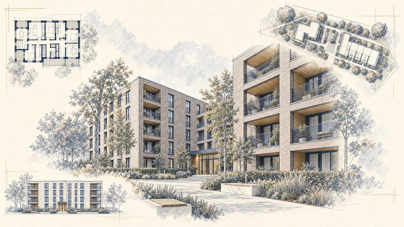 Architekturtafel eines Klinker-Wohnensembles mit begrüntem Innenhof