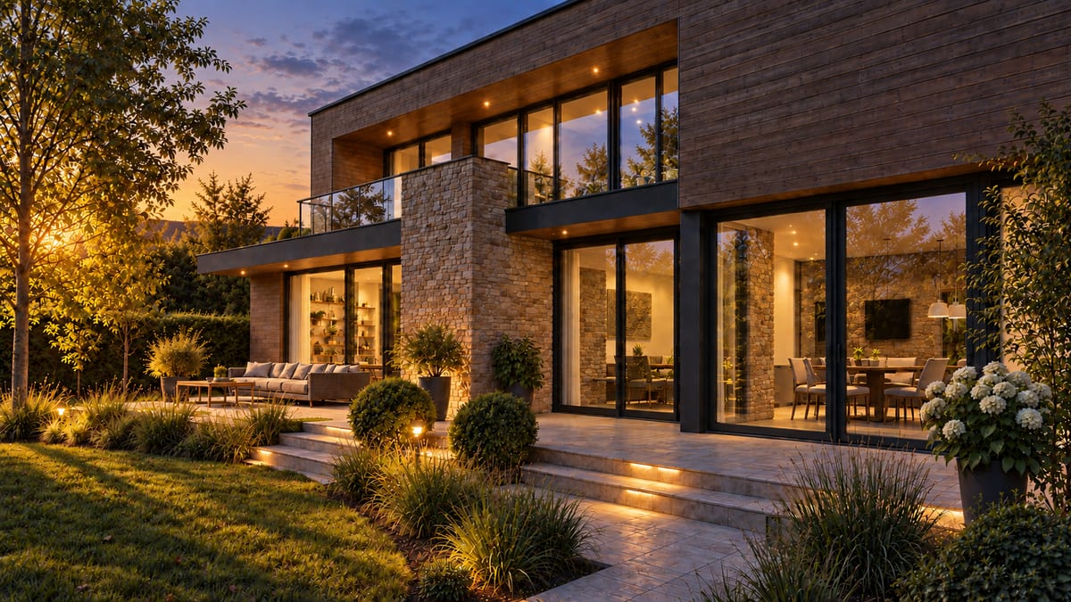 Modernes Architekturhaus mit Holz- und Natursteinfassade