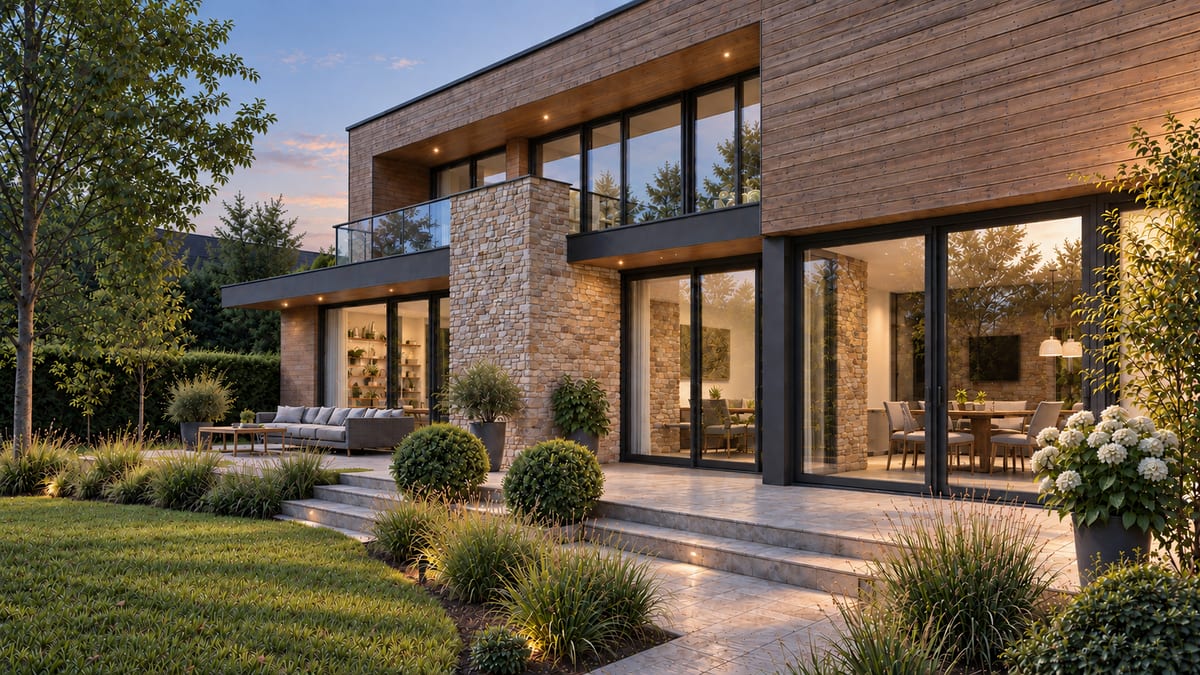 Modernes Architekturhaus mit Holz- und Natursteinfassade