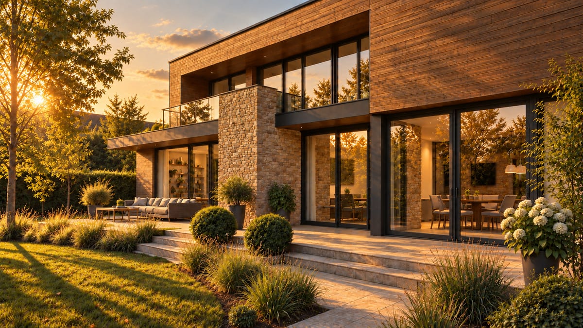 Modernes Architekturhaus mit Holz- und Natursteinfassade