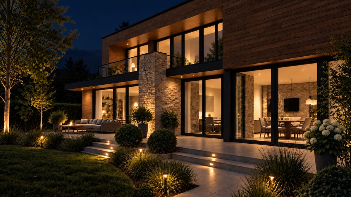 Modernes Architekturhaus mit Holz- und Natursteinfassade