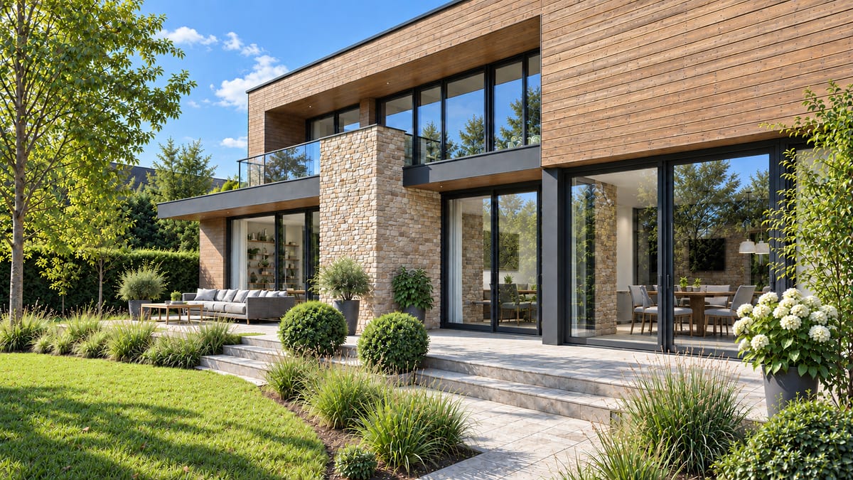 Modernes Architekturhaus mit Holz- und Natursteinfassade