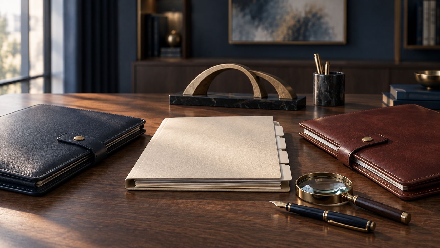 Zwei Lederfolios, eine Fallakte, Lupe und Füllfederhalter auf einem Holztisch